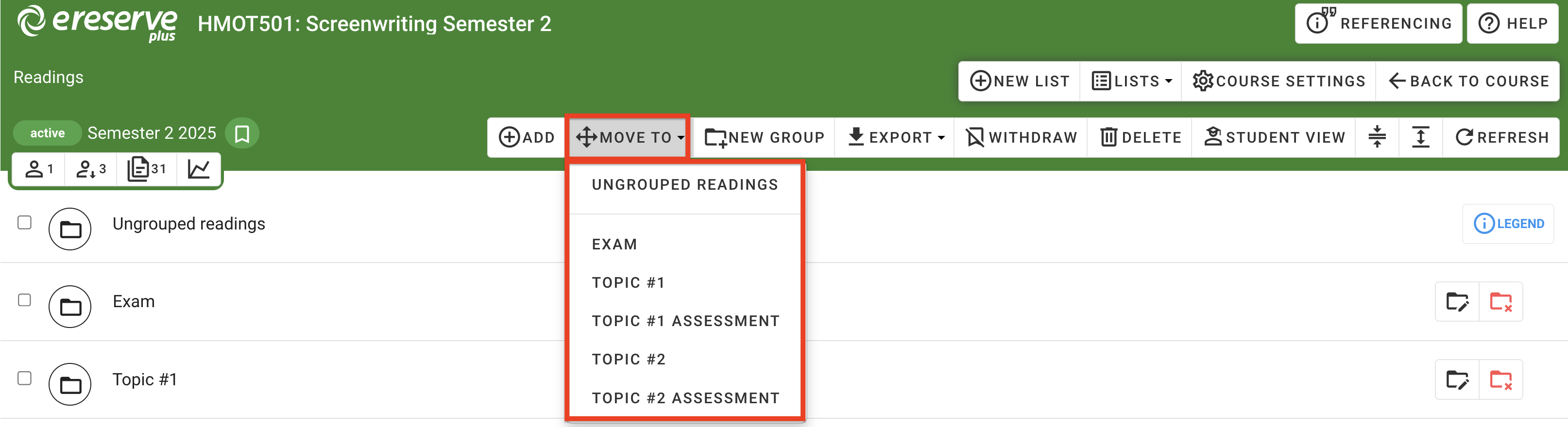 The 'Move To button in the list toolbar