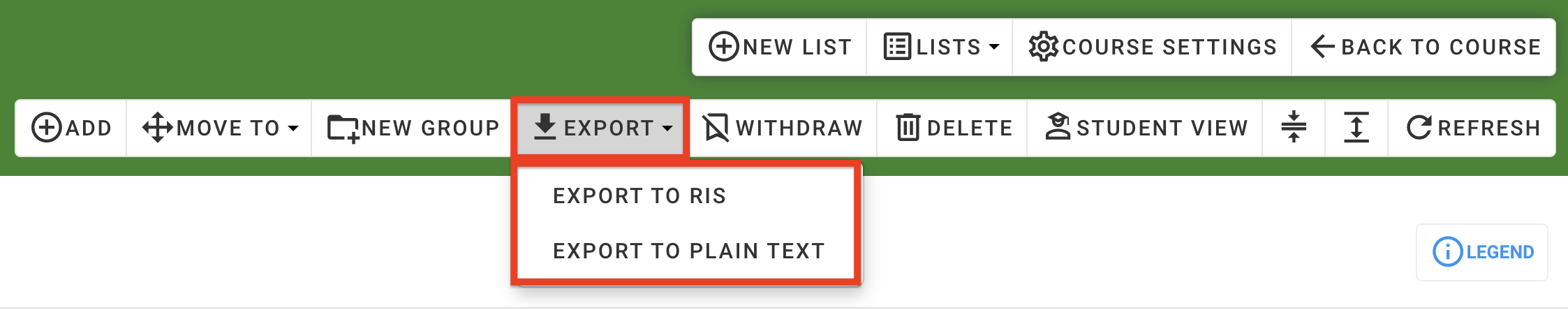 The 'Export' button and dropdown in the list toolbar