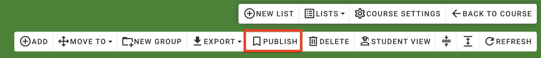 The 'Publish' button in the list toolbar