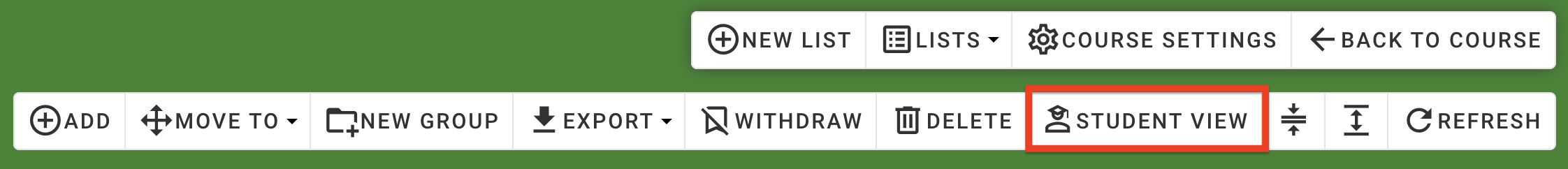 The 'Student View' button in the list toolbar