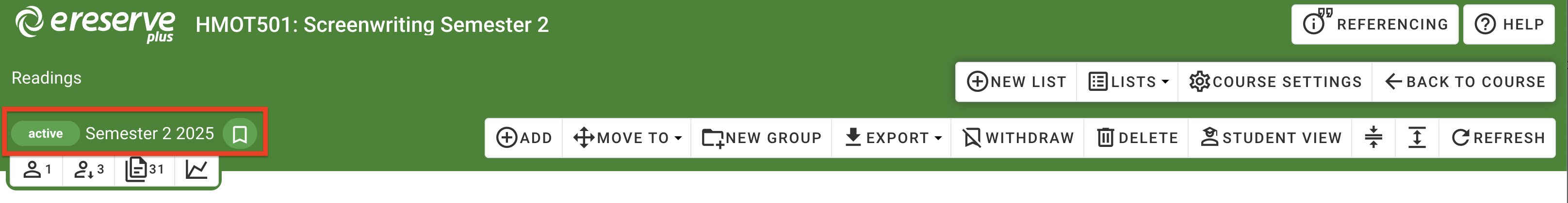 The list availability status, name and publishing icon