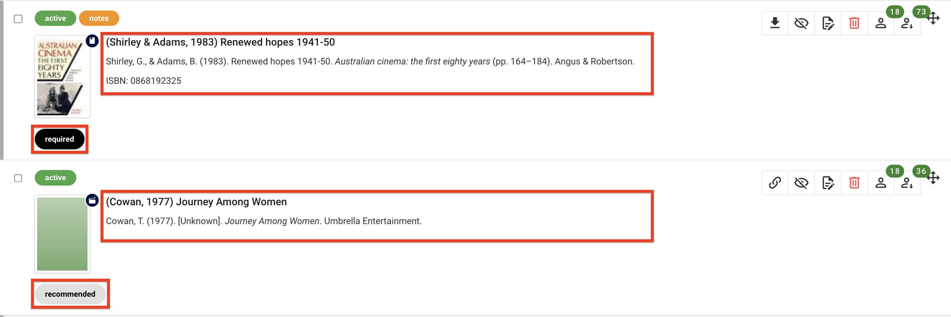 A required and recommended resources in a list, each with the citation details clearly displayed
