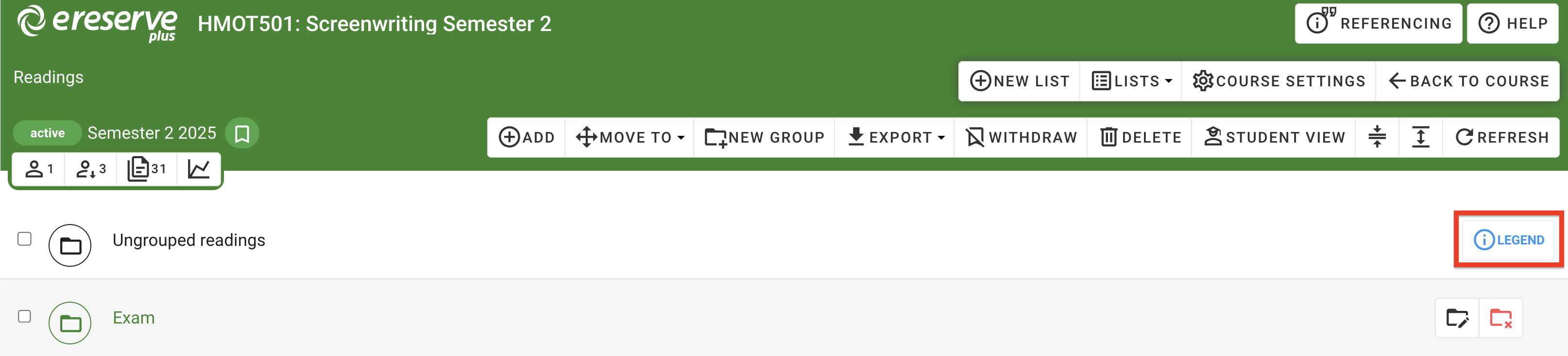 The 'Legend' button on the right hand of the 'ungrouped readings' group