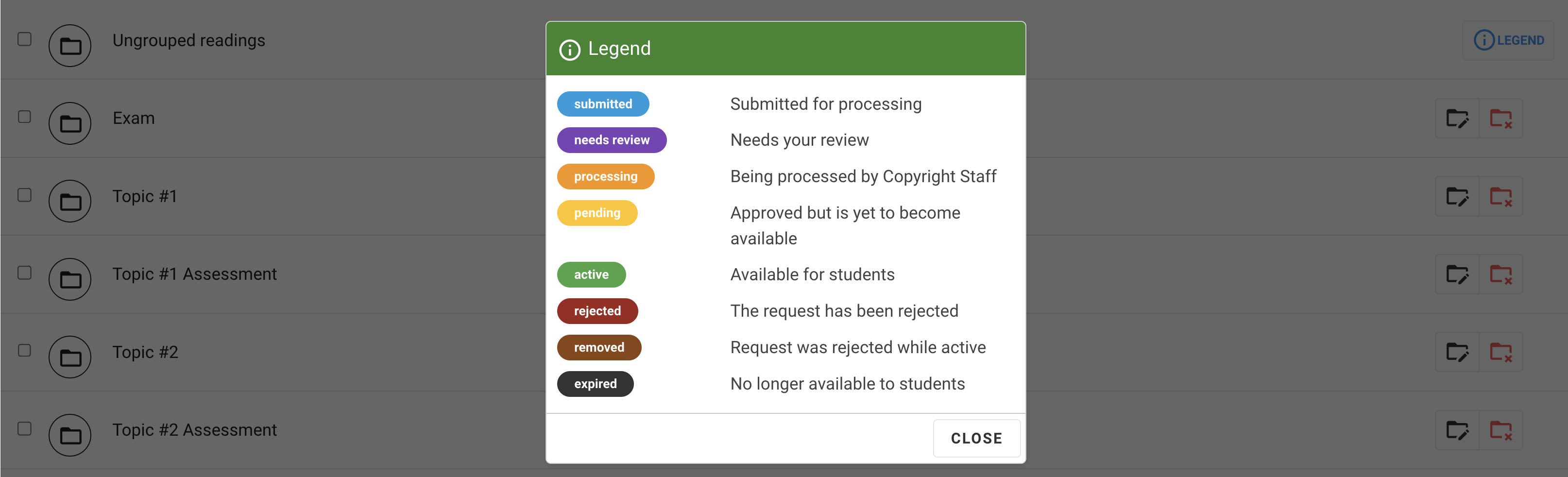 Viewing the Legend window in the list