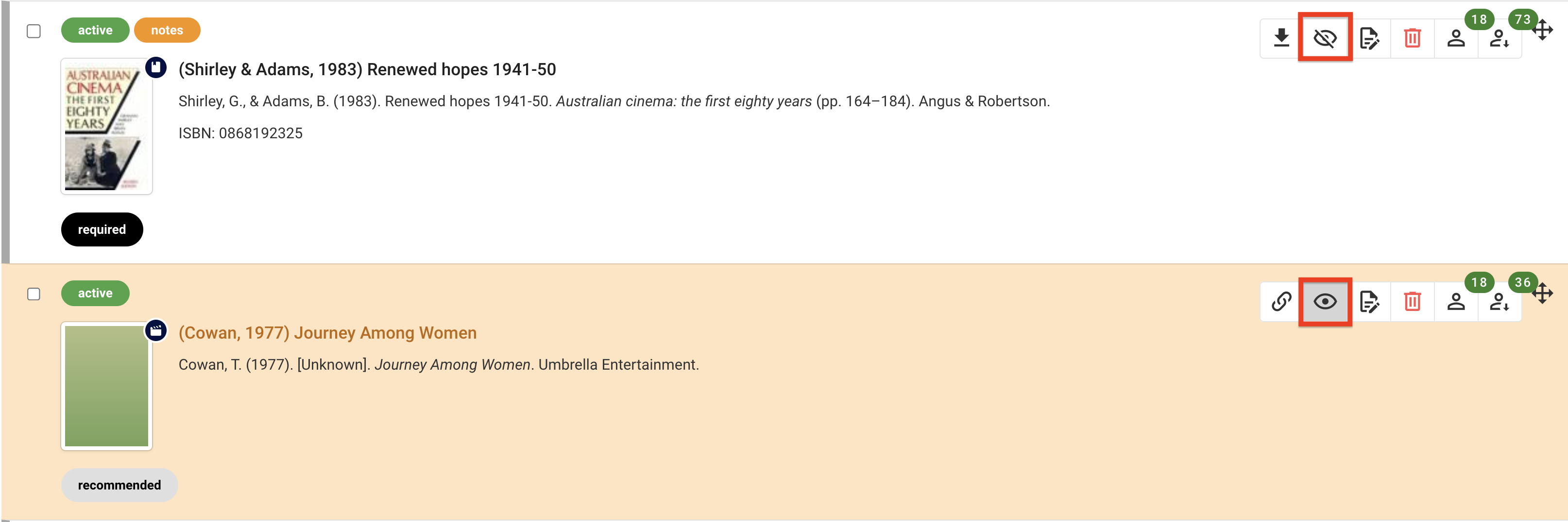 The 'Hide' toggle button for resources