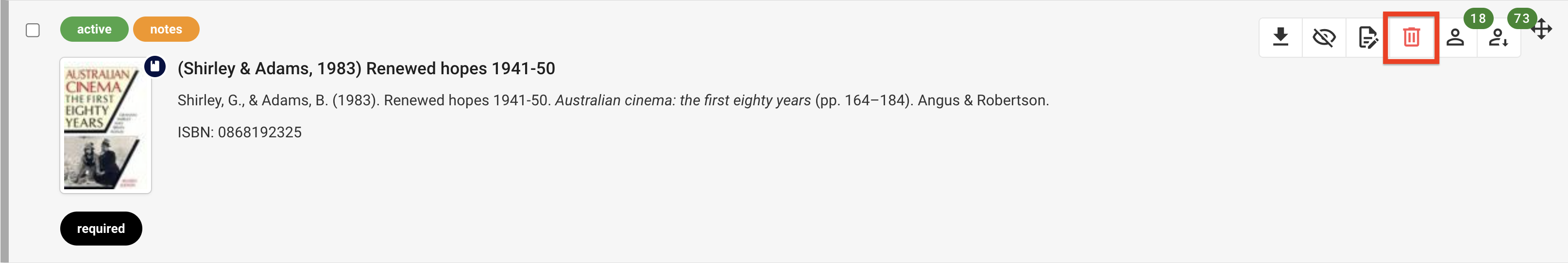 The delete button for a single resource