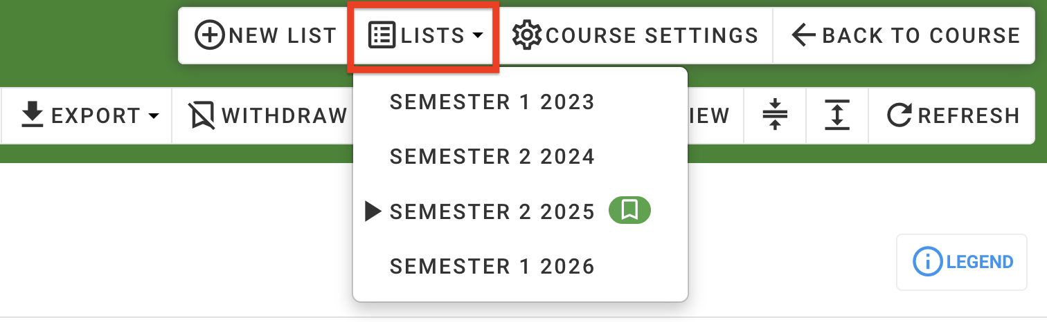 Other lists available in the list dropdown