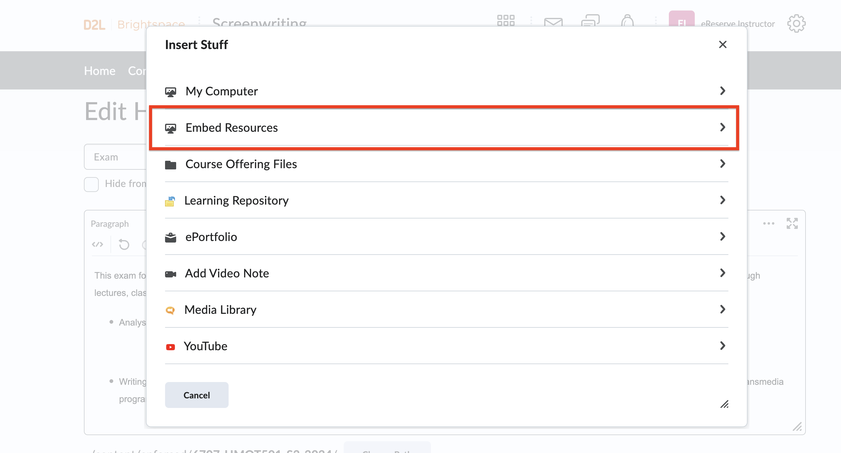 Selecting eReserve Plus in the Insert Stuff list
