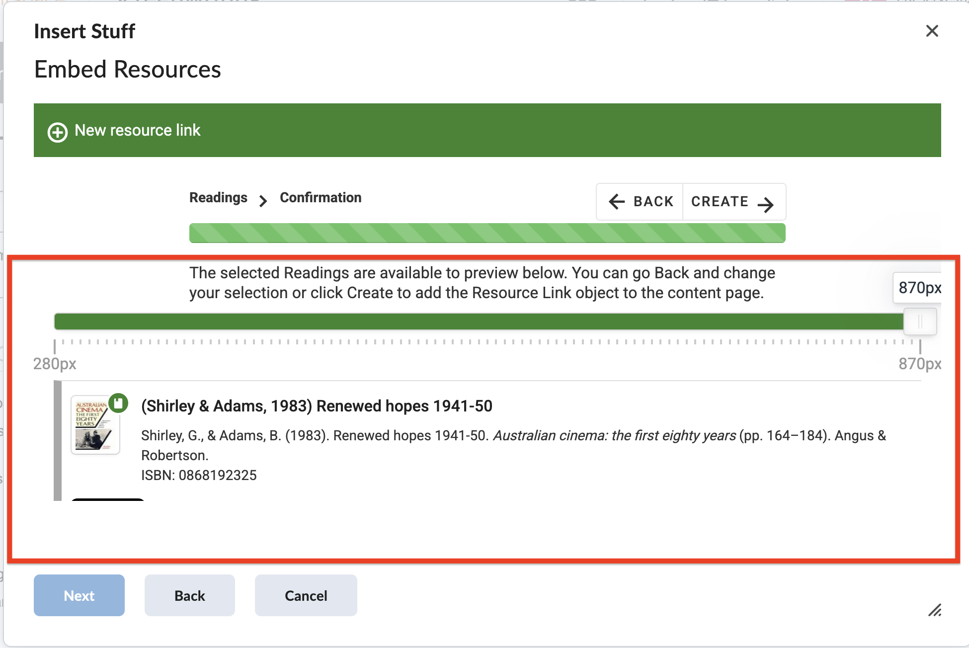 Confirming an addition of a Resource Link