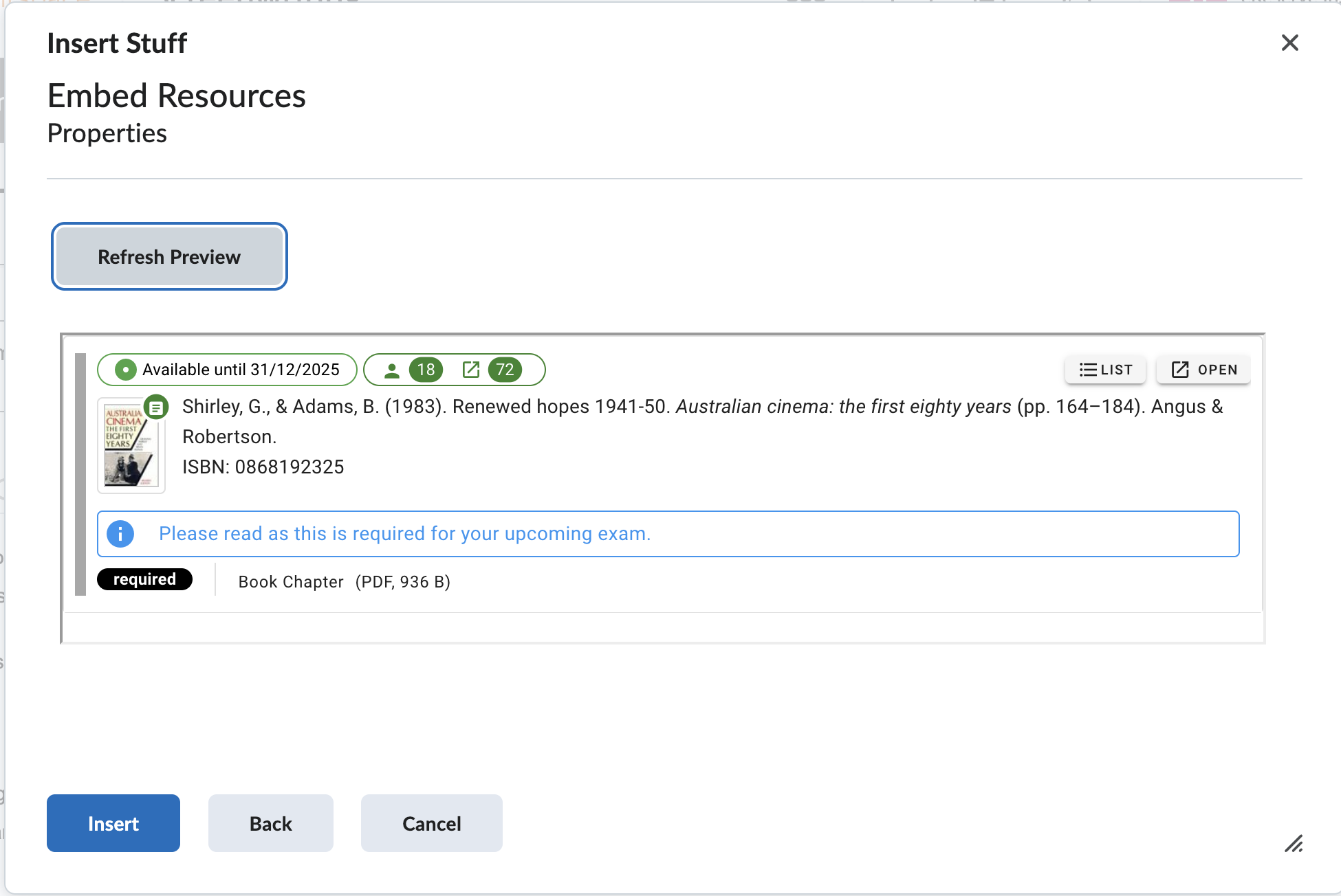 Click Insert to create the resource link