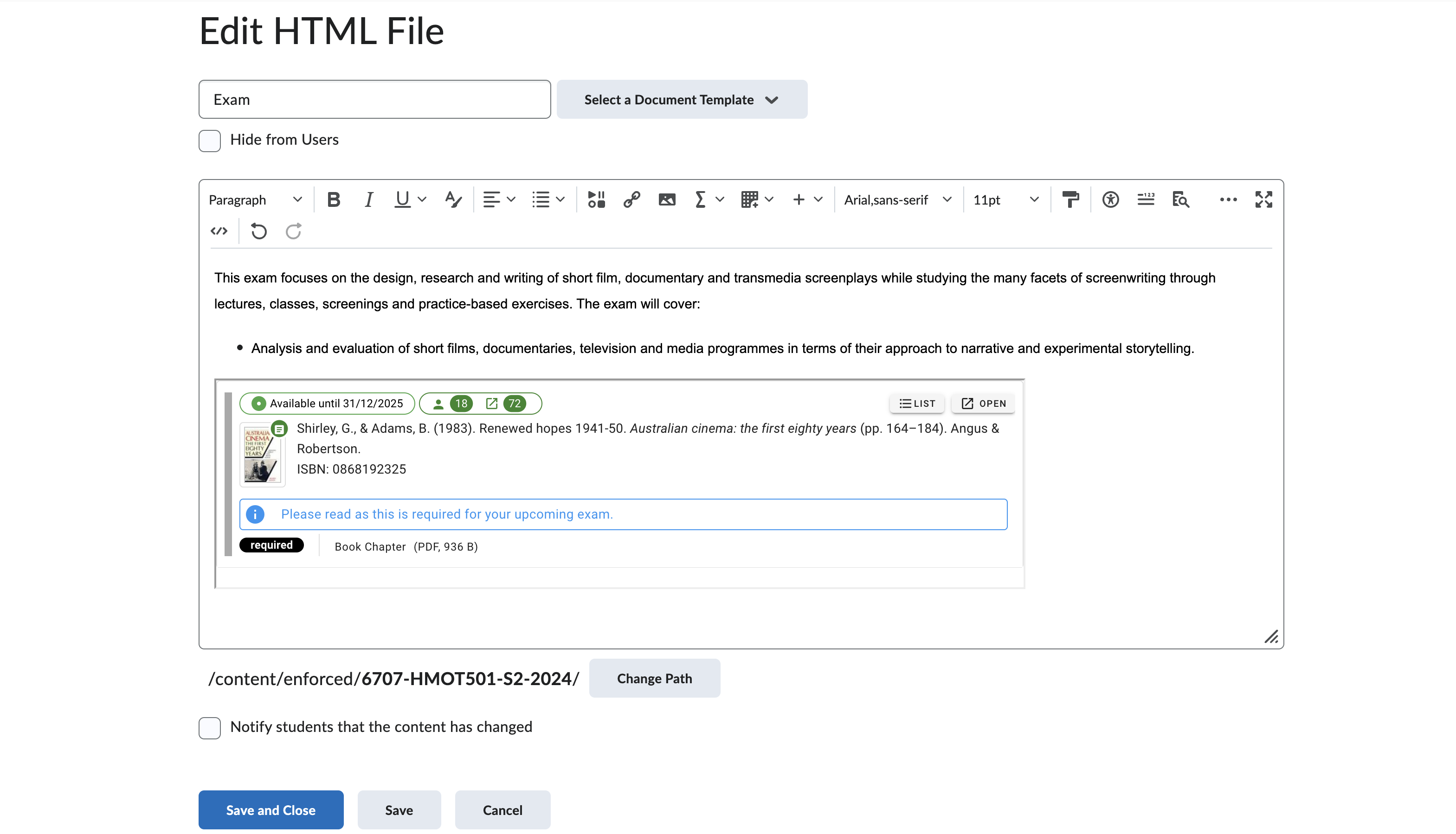 The resource link within the HTML editor
