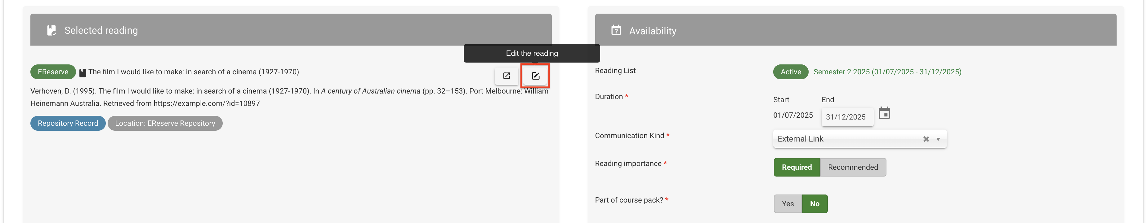 The Edit button for a communicated resource, located on the right-side of the resource in the Selected Reading section when reviewing a request