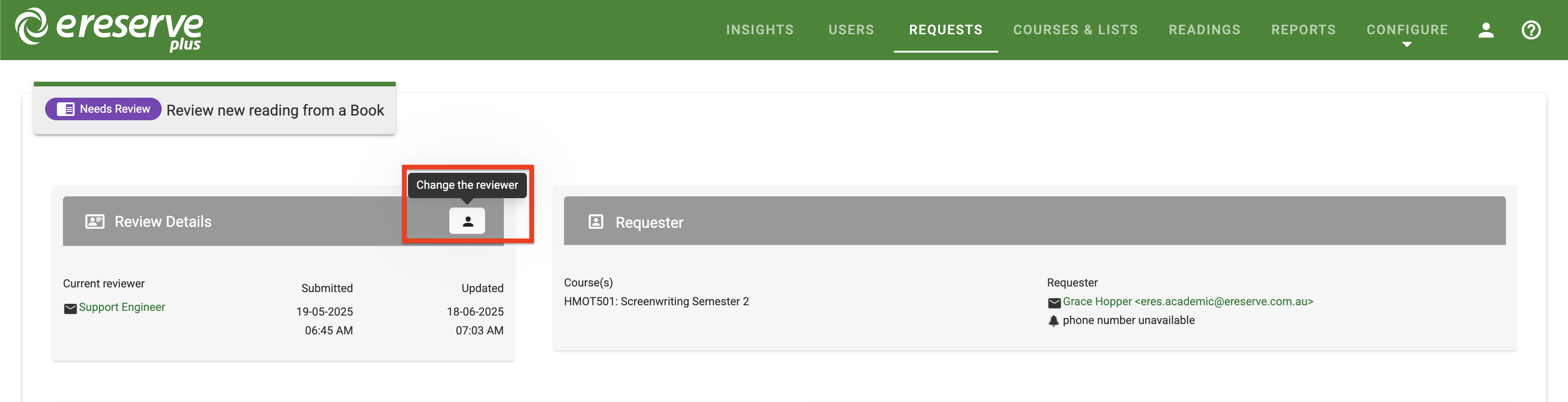 The change reviewer button at the top right of the Review details section on the review page
