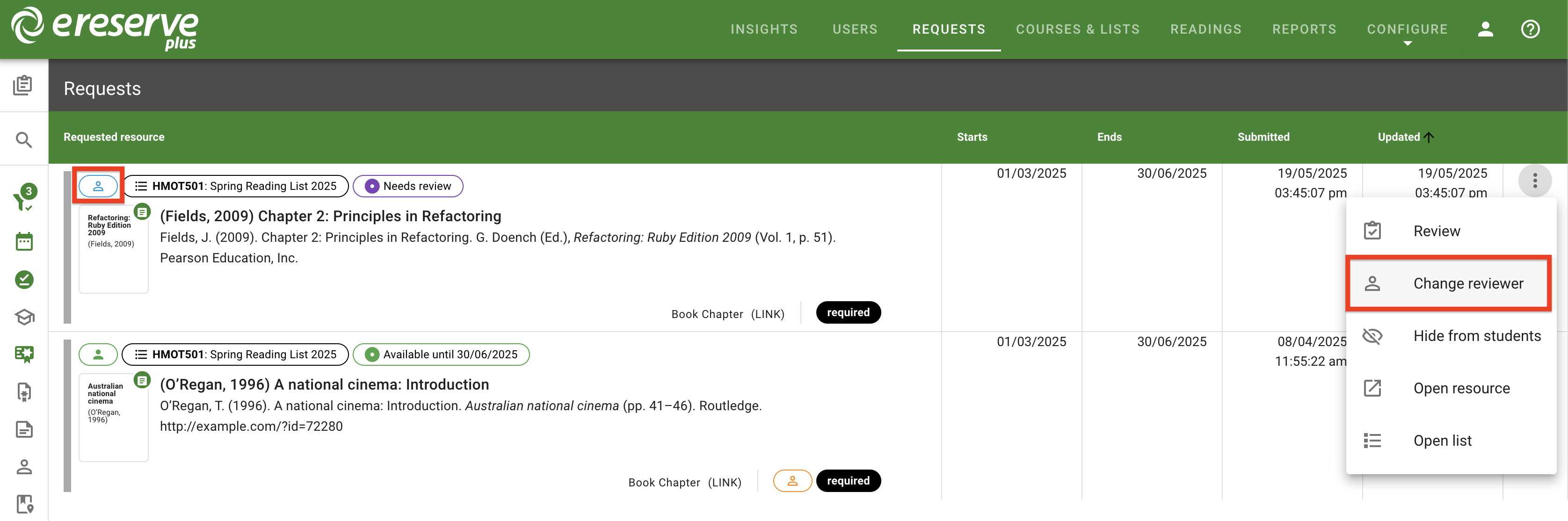 The reviewer icon button on the top left of the request and the change reviewer option in the requests actions menu