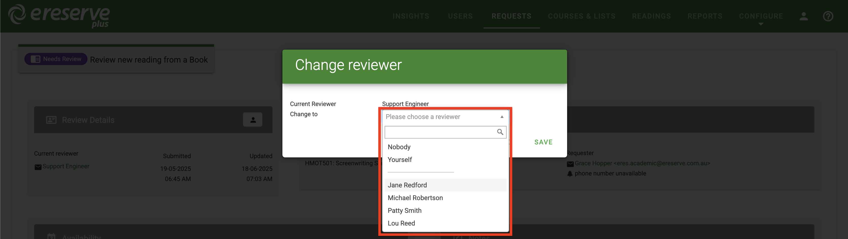 The change reviewer list dropdown in the Change reviewer popup window