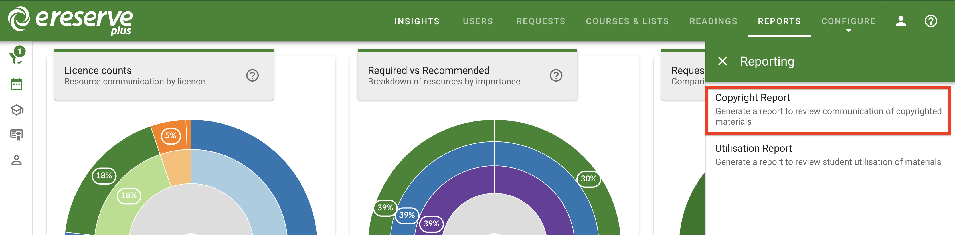 The Reports drawer on the right side of the page