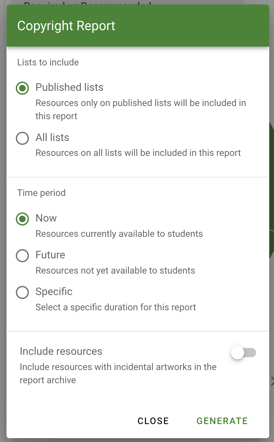 The Copyright Report options
