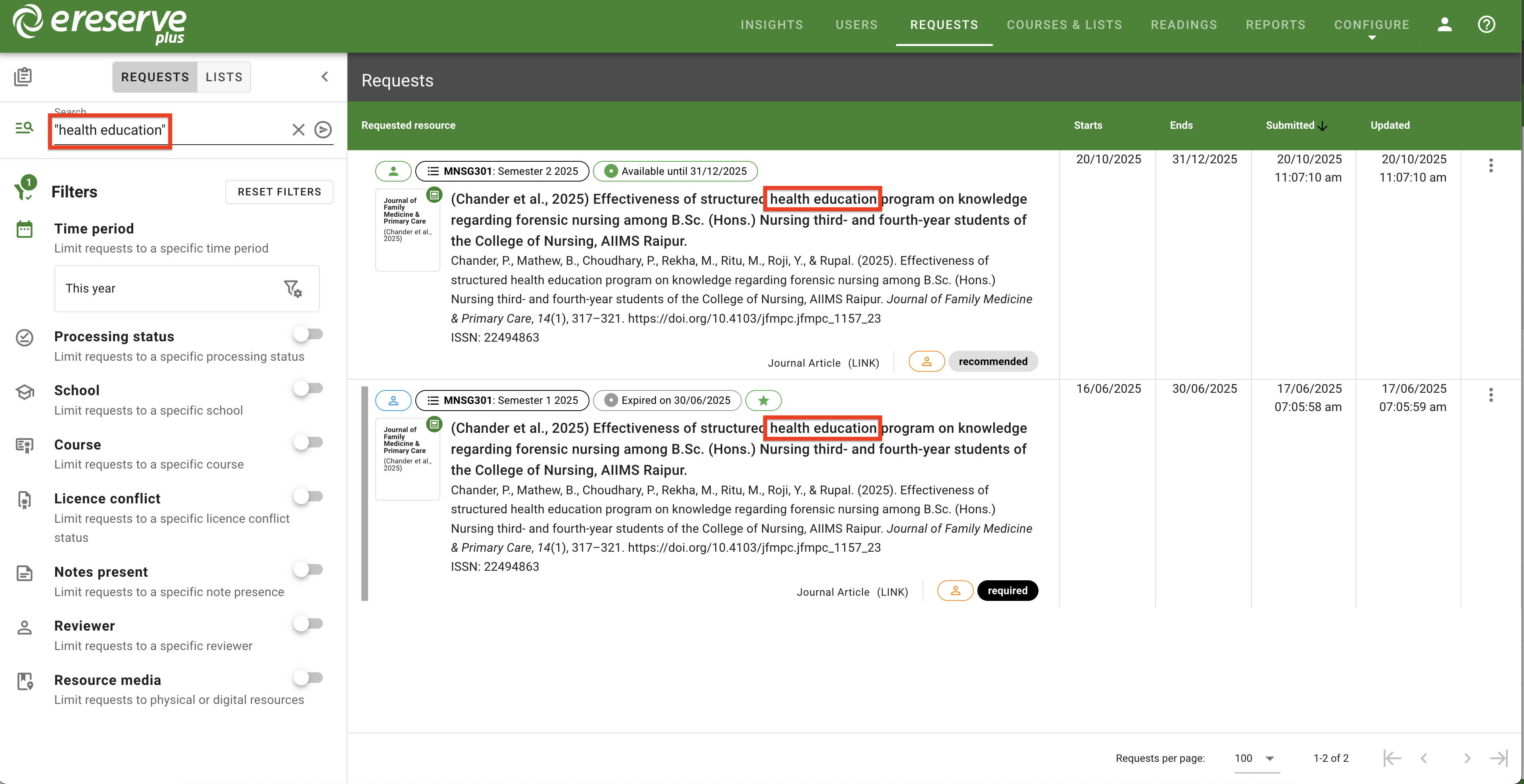 The results for an exact search