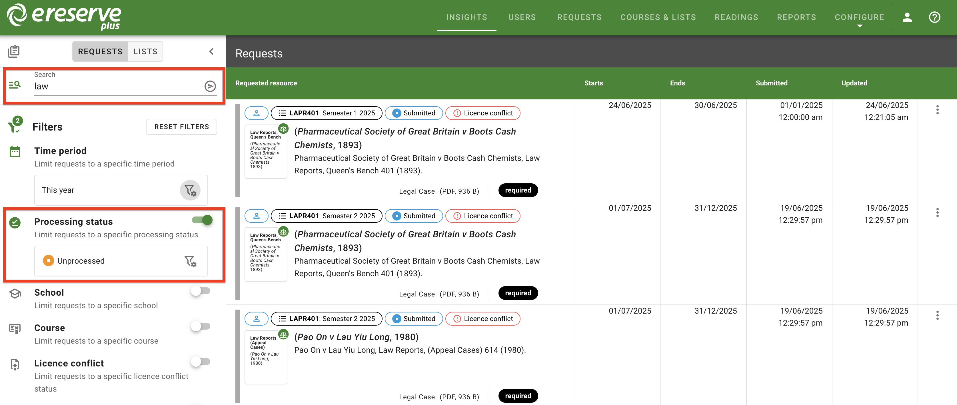 The search and filters are both active and applied to the list of requests