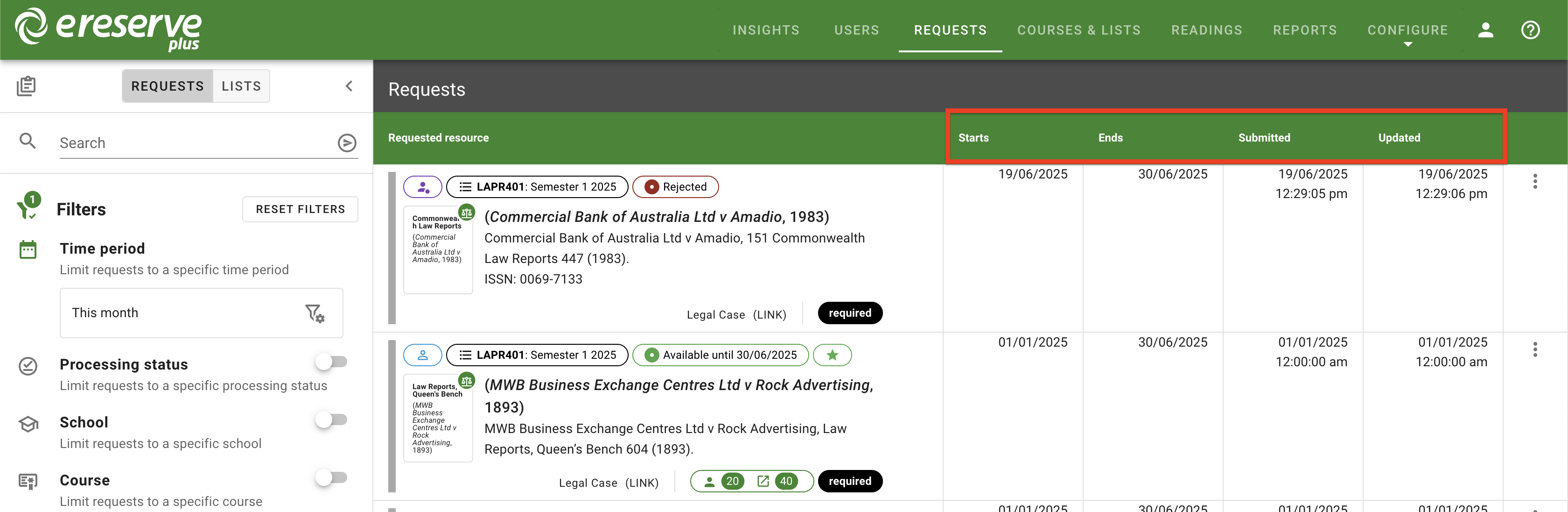 The date columns on the right side of the requested resource column and listed in the following order: Starts, Ends, Submitted and Updated