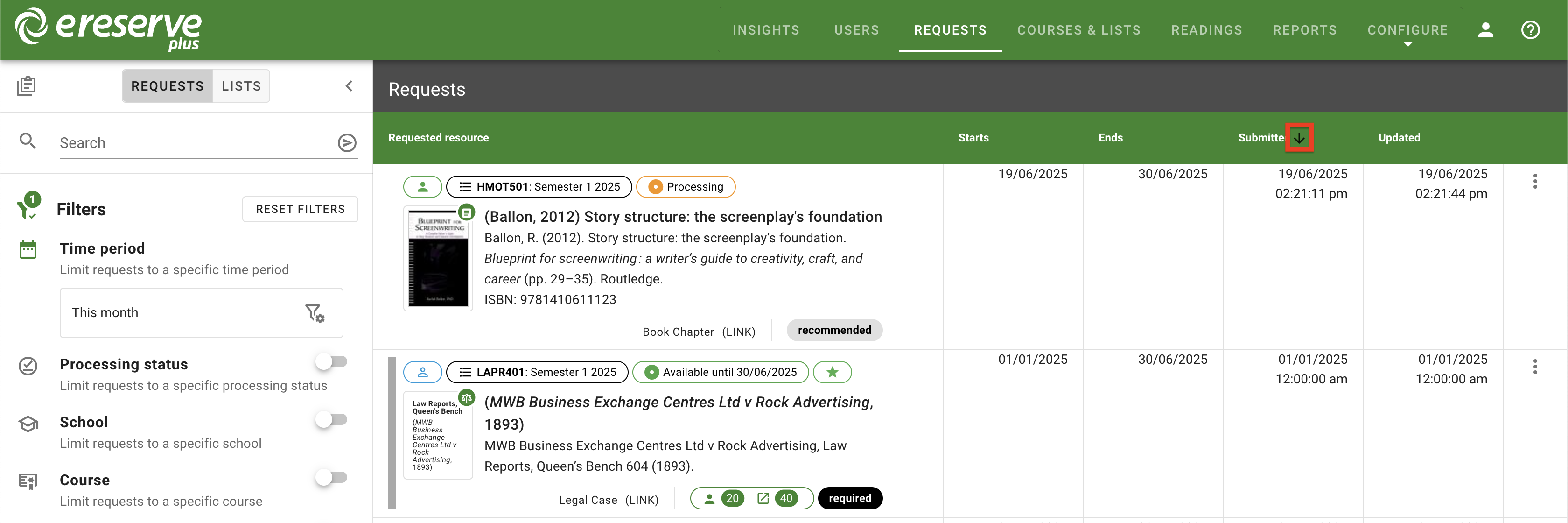 Requests are being sorted by the Submitted date in descending order, indicated by the down arrow in the submitted column