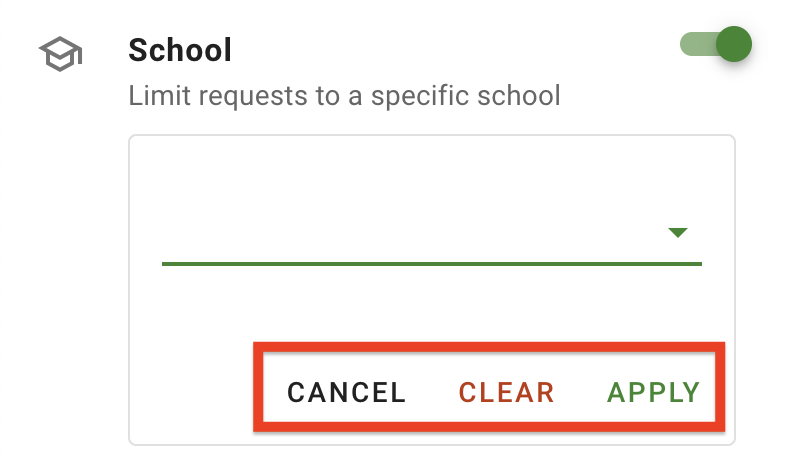 The Filter actions at the bottom of a Filter. From left to right: Cancel, Clear and Apply