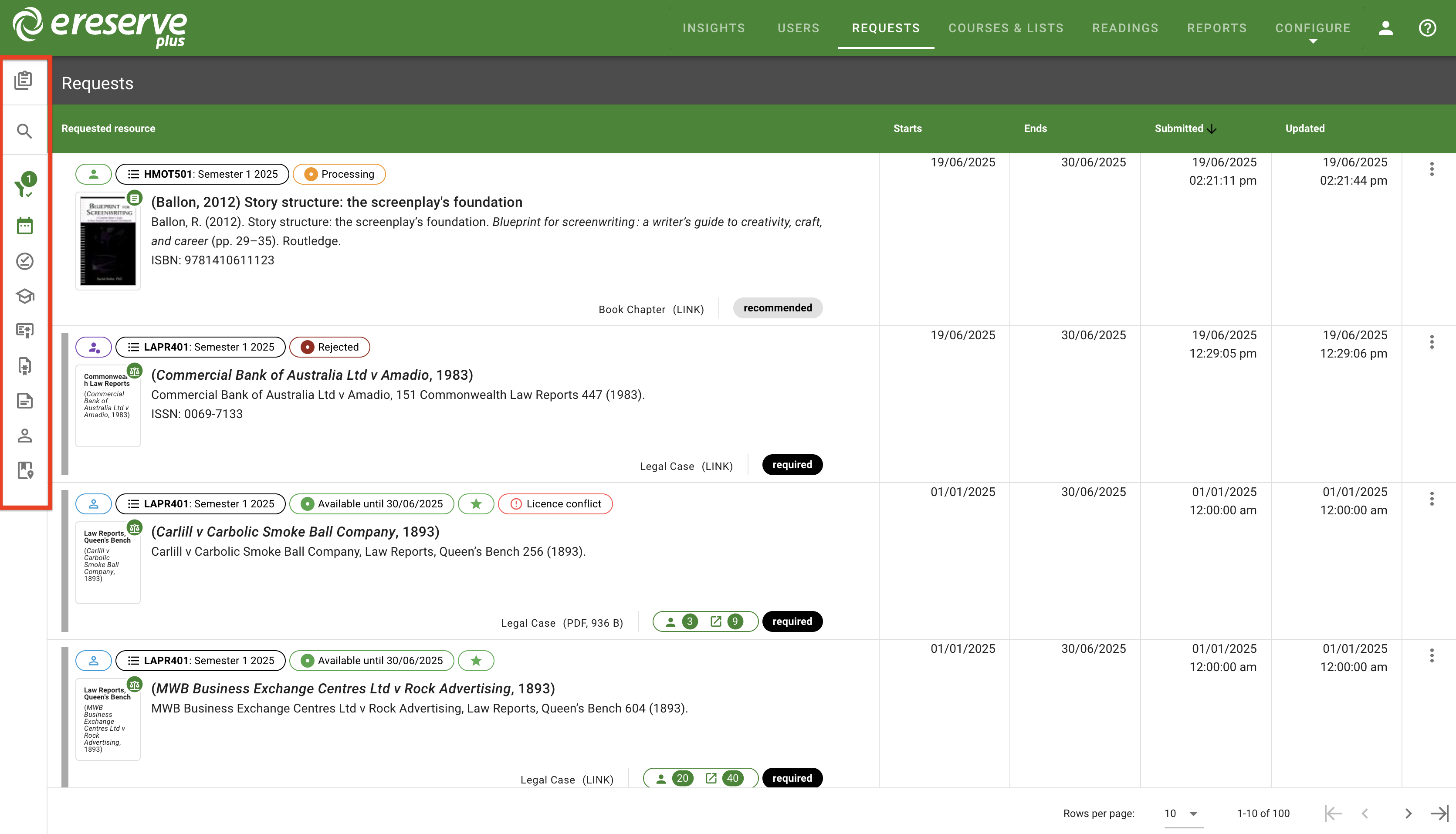 The condensed filters menu panel on the left-side of the Requests page