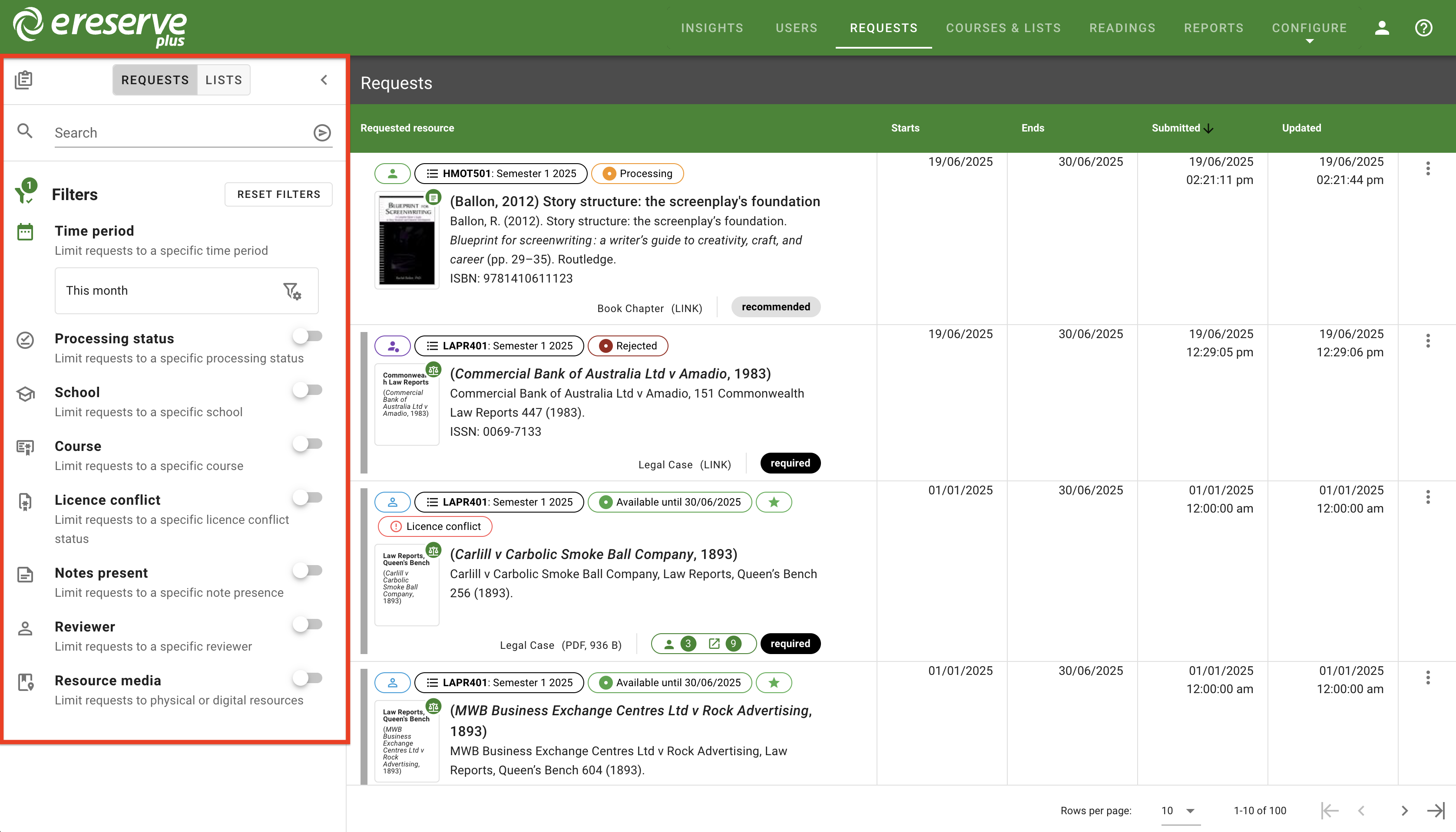 The expanded filters menu panel on the left-hand side of the Requests page