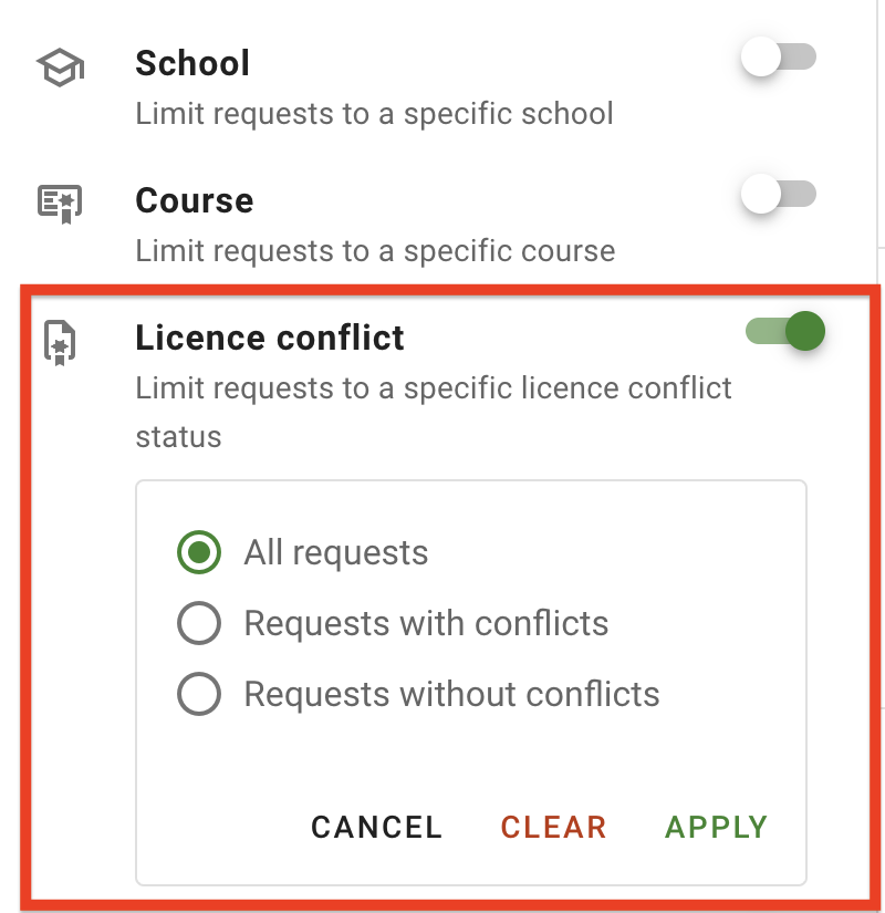 The Licence conflict filter options
