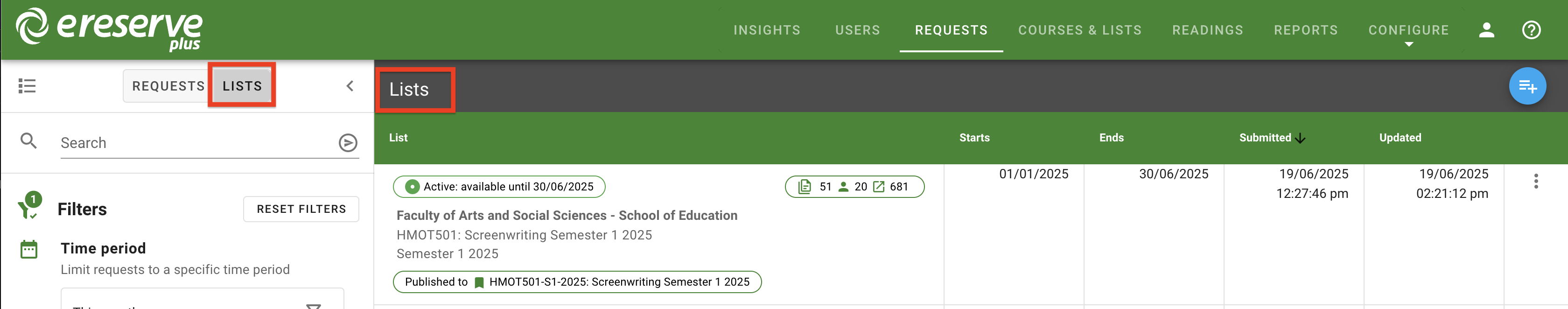 The List view is currently displayed