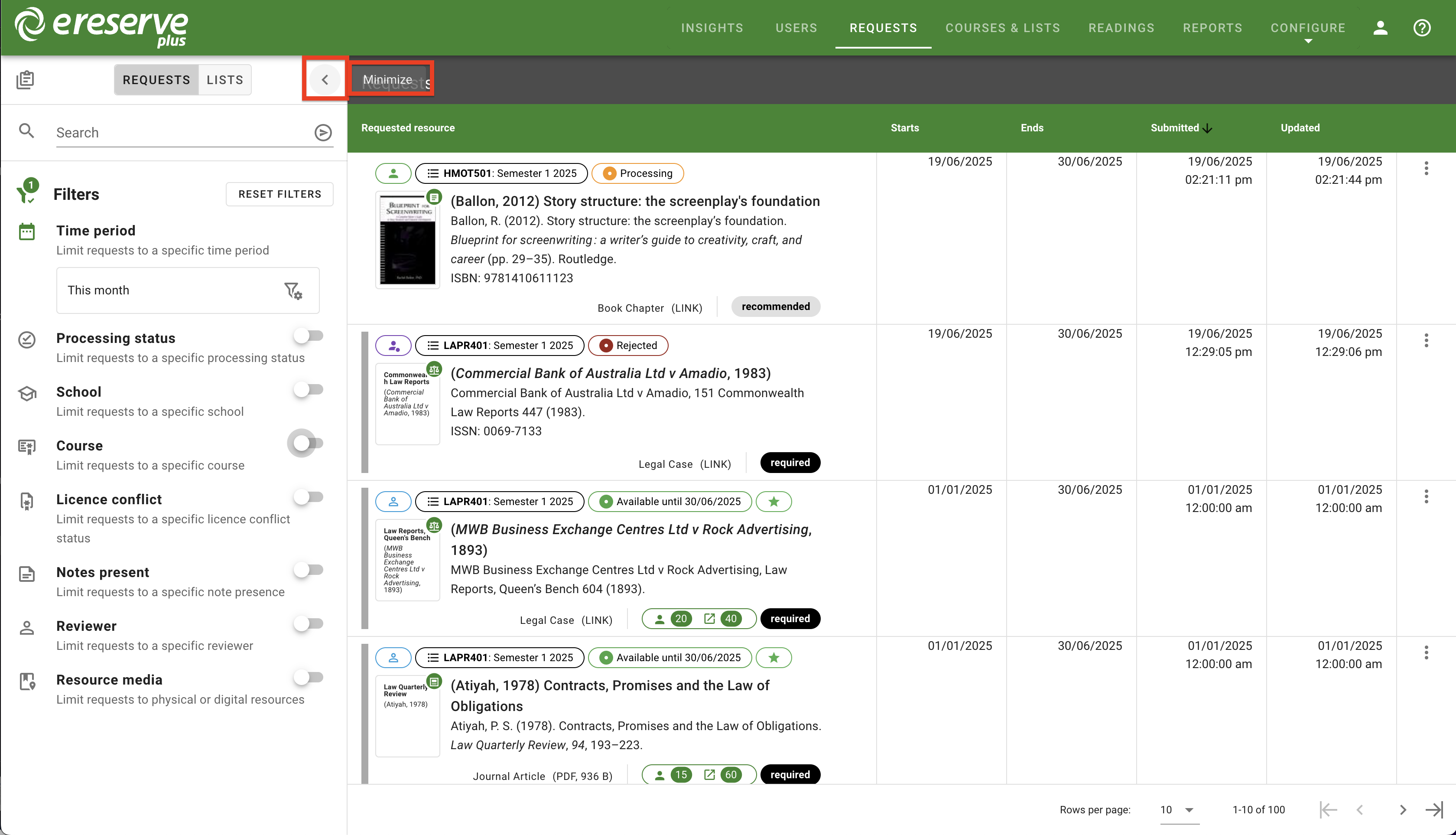 The Minimize button at the top right of the Filters menu panel