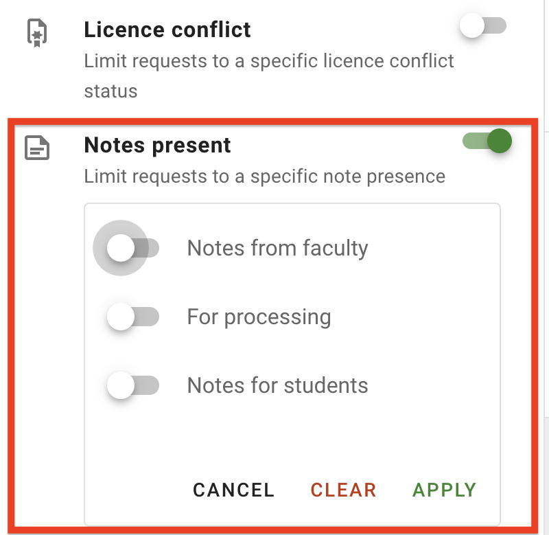 The Notes present filter options