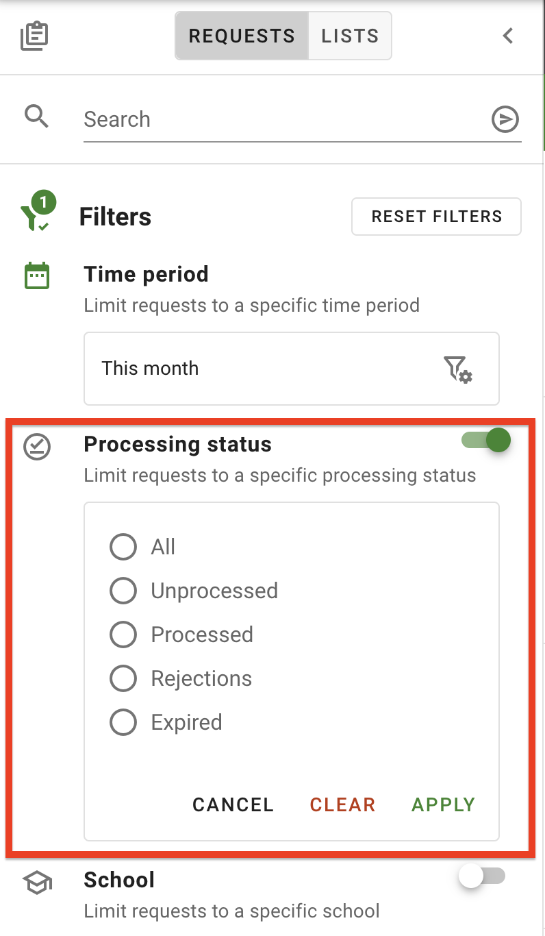 The Processing Status filter options