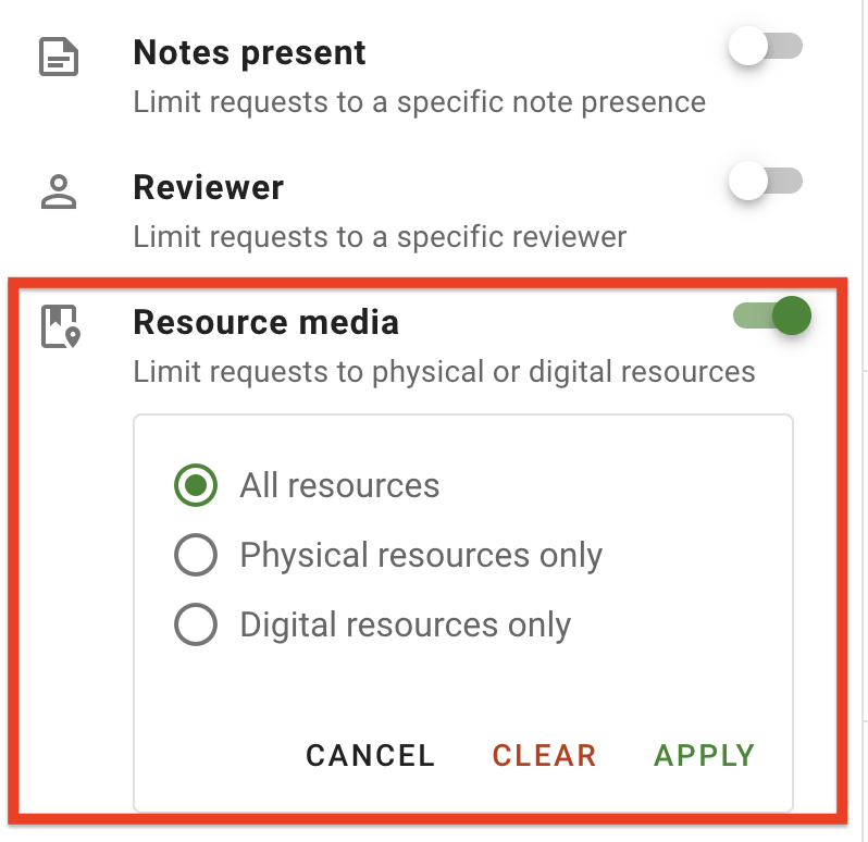 The Resource media filter options