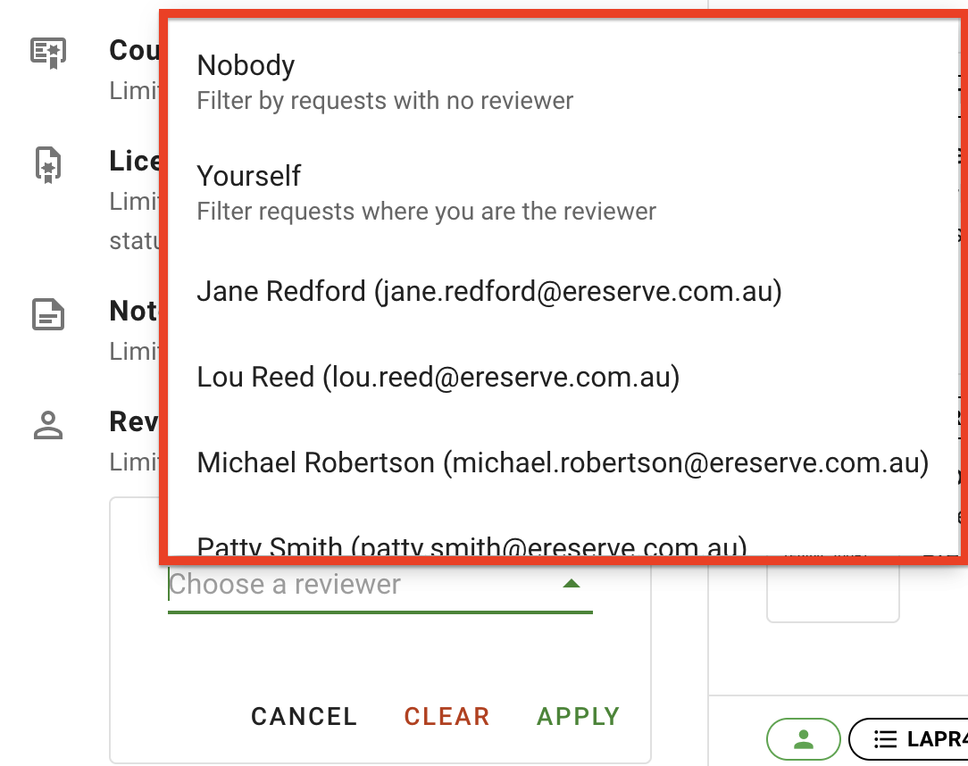 The Reviewer filter with the staff member selection expanded