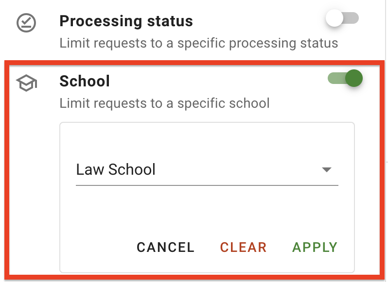 The School filter, which is currently populated with selection