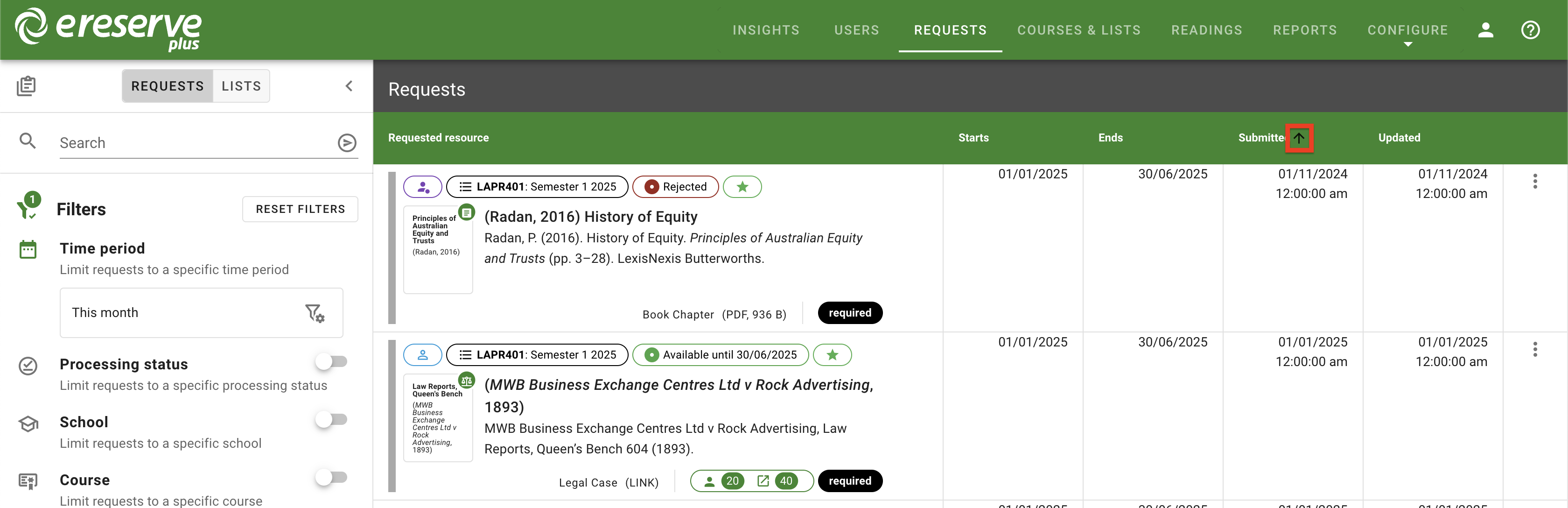 Requests are being sorted by the Submitted date in ascending order, indicated by the up arrow in the submitted column