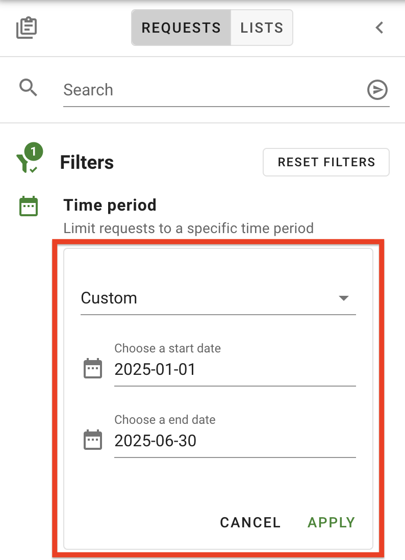 The Custom dates menu within the Time Period filter