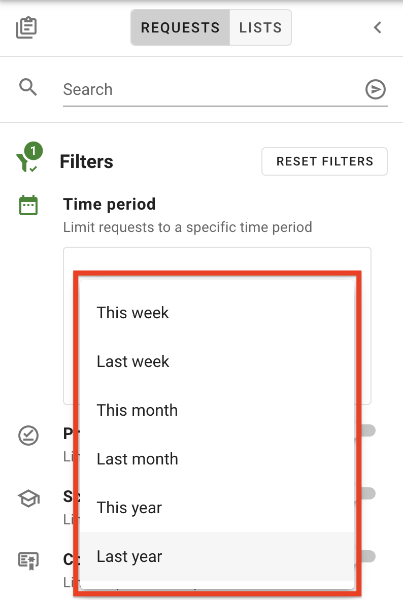 The Predefined durations options within the Time Period filter
