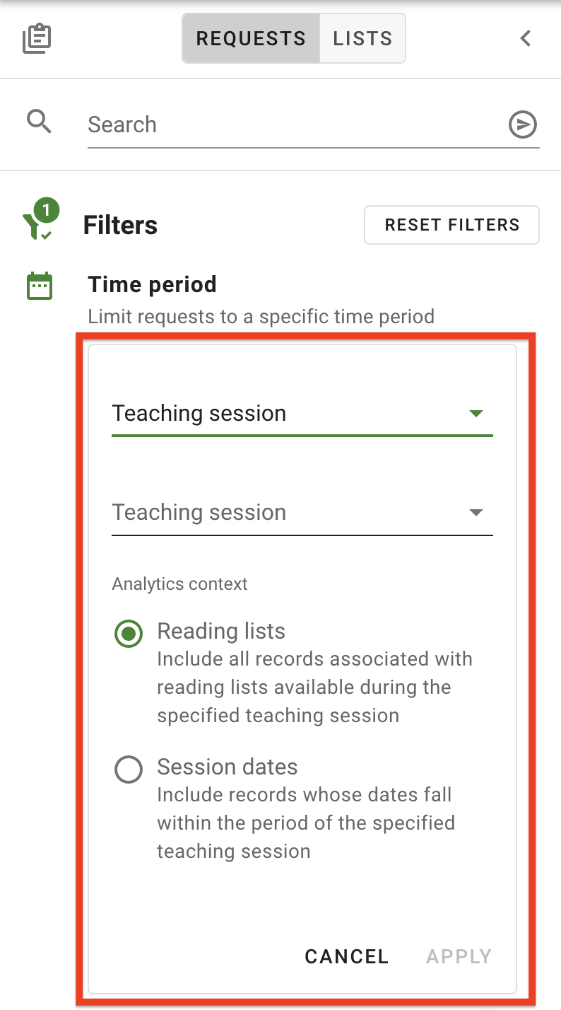 The Teaching Session menu within the Time Period filter