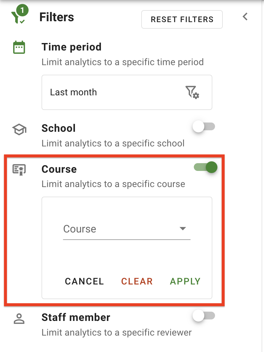 The Course filter in the librarian dashboard 