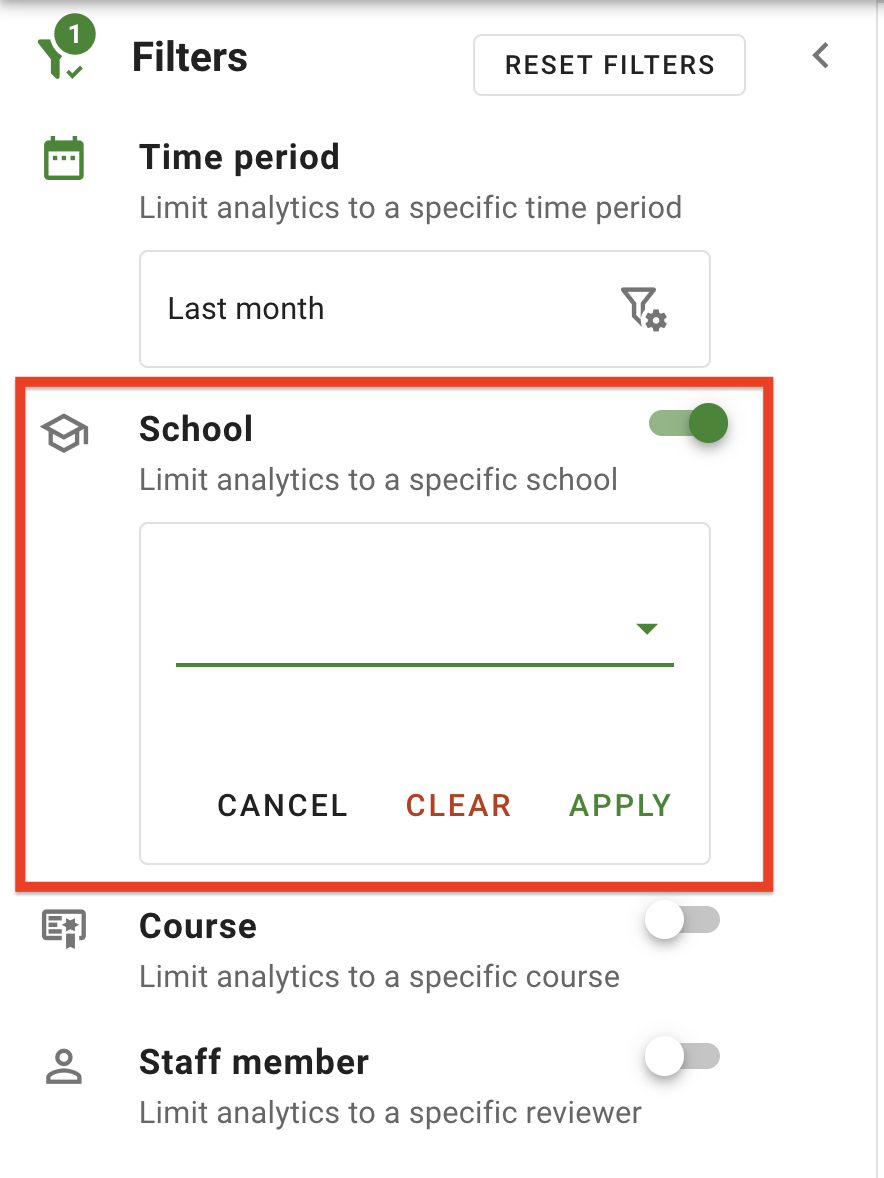 the Schools filter in the librarian dashboard