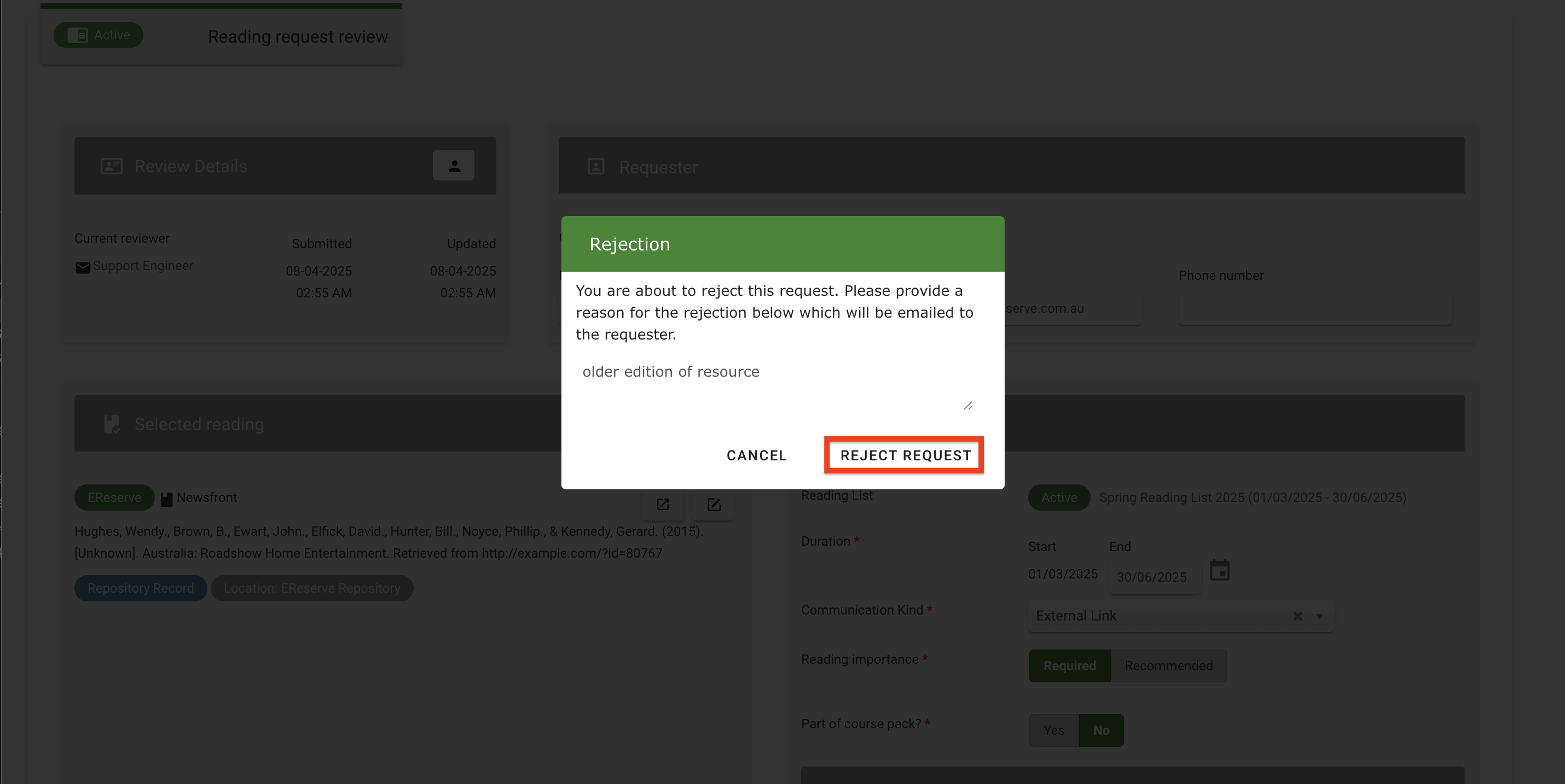 The reject request button on the bottom right of the rejection window