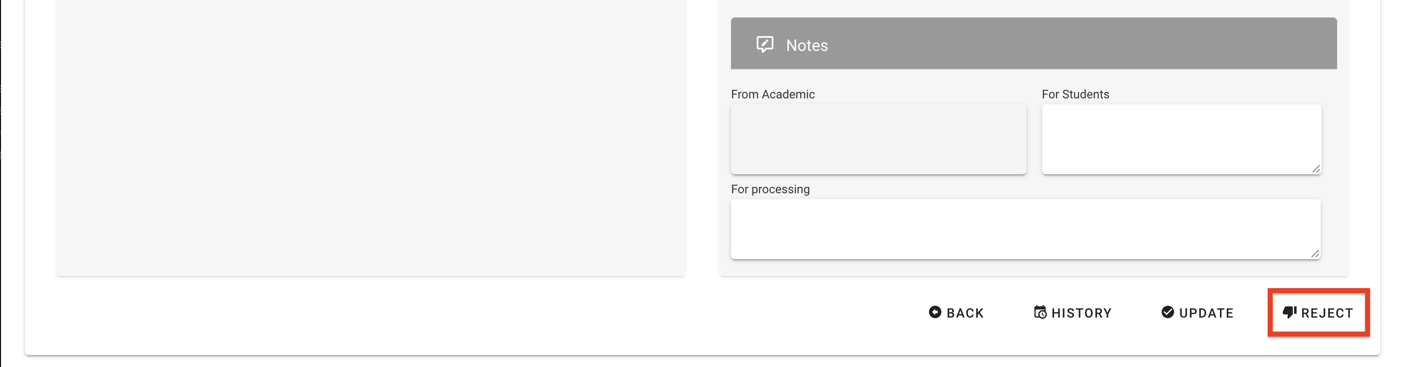 The reject button on the bottom right of the request review page
