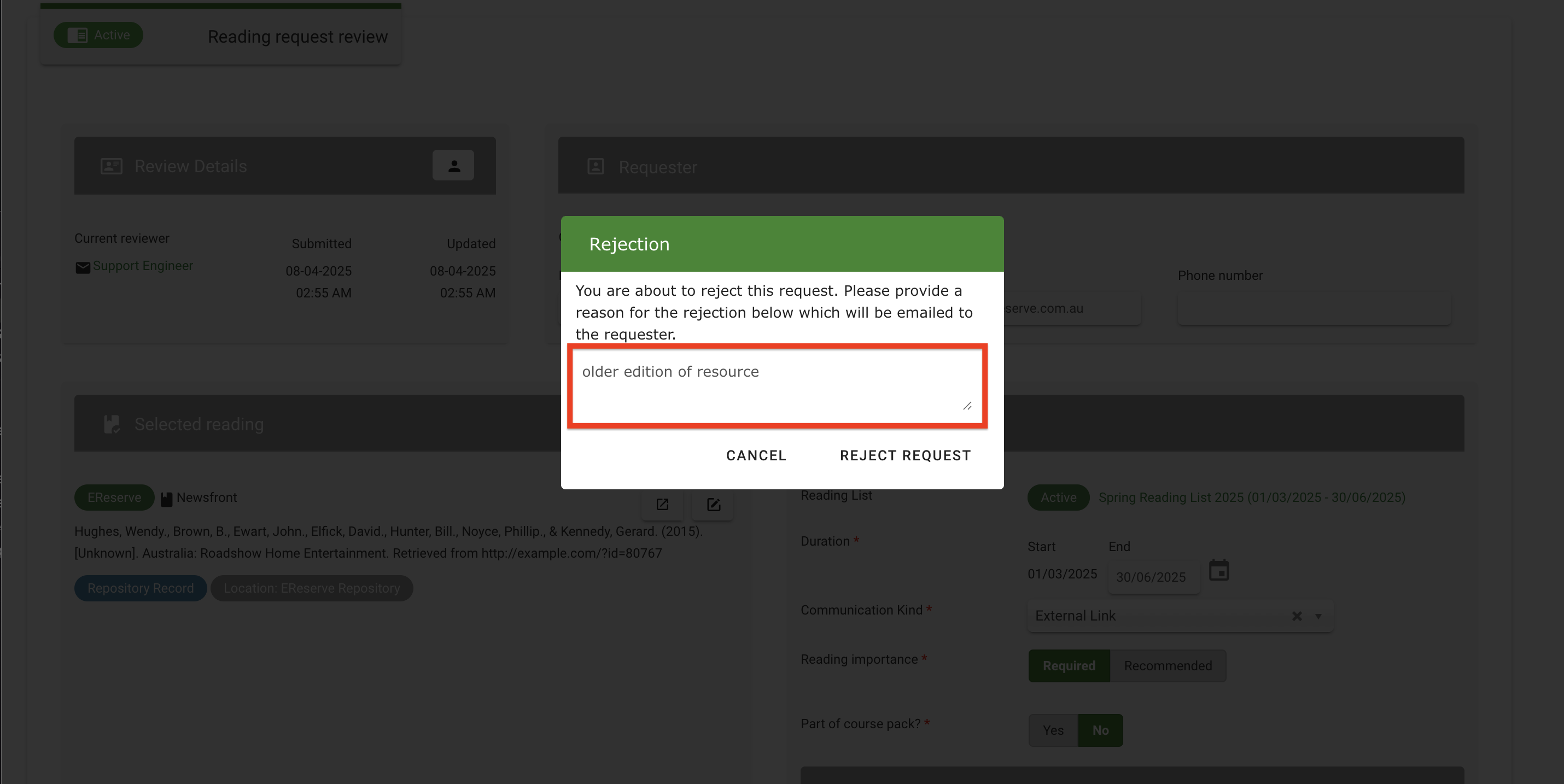 The rejection pop-up window is available