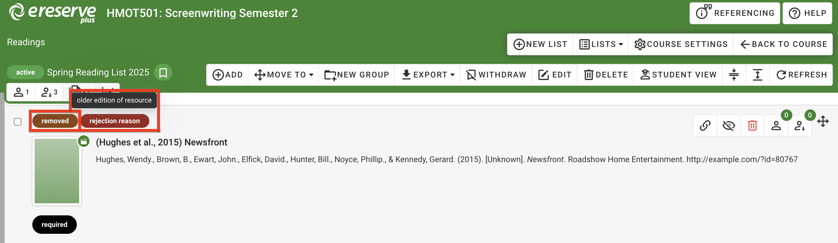 The removed resource with the rejection reason displayed in the faculty list view