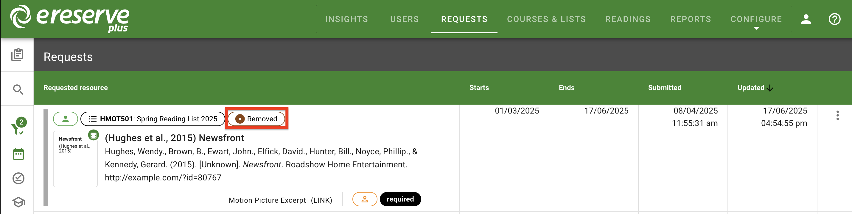 The resource status has been changed to removed
