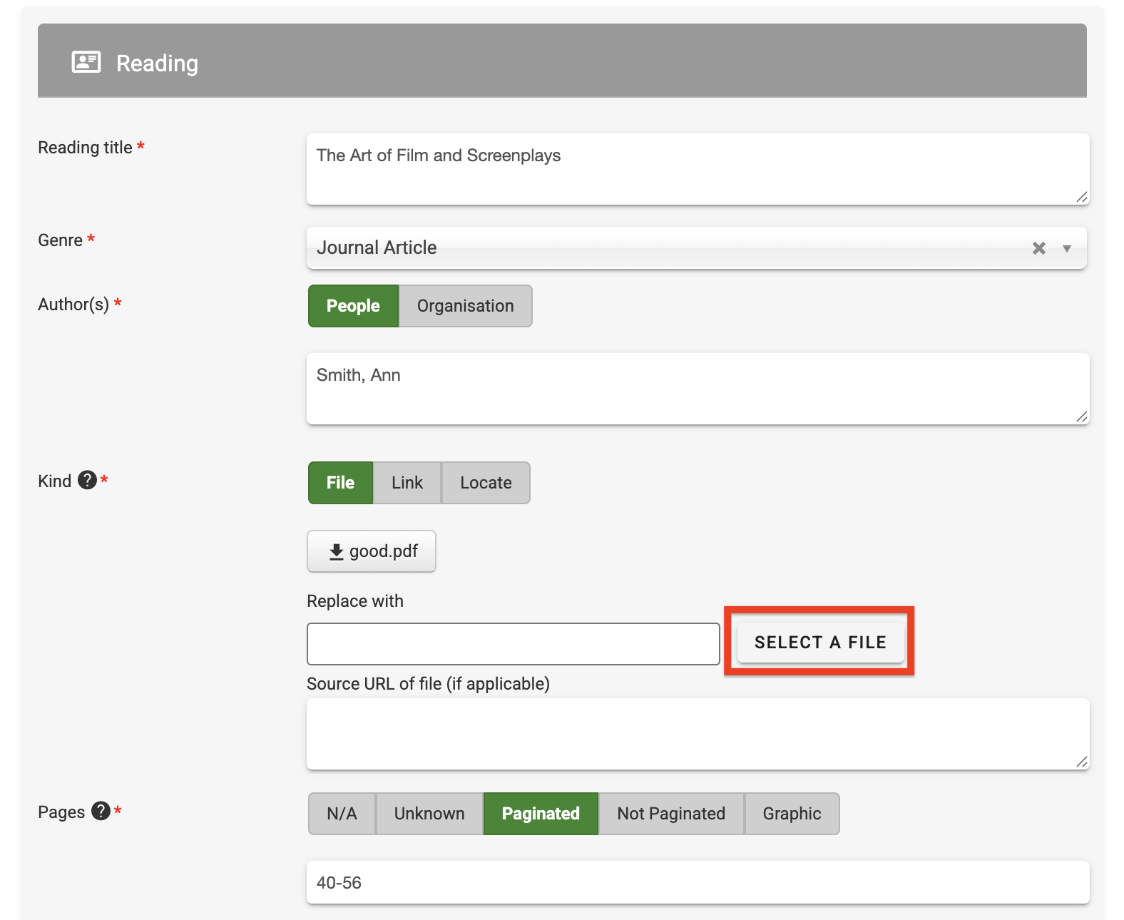 The Select a File button to locate the replacement file