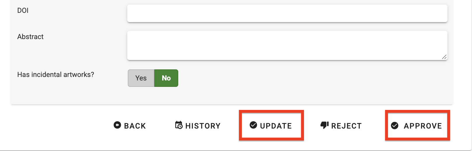 The Update and Approve options at the bottom of the request review page