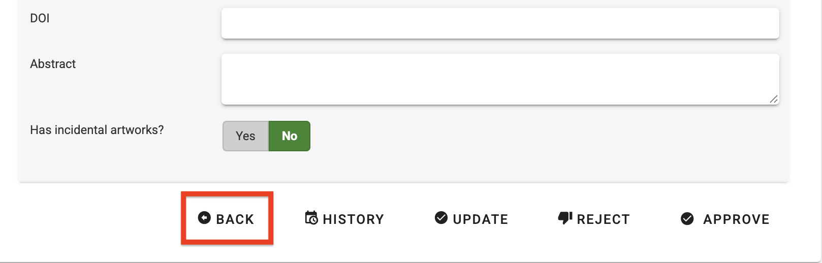 The Back button (at the bottom of the request review page )to return to the Requests management page